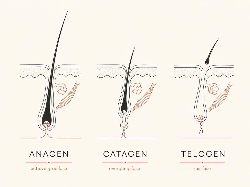 Diagram van de drie haargroeifases: anagen (actieve groei), catagen (overgang) en telogen (rust).